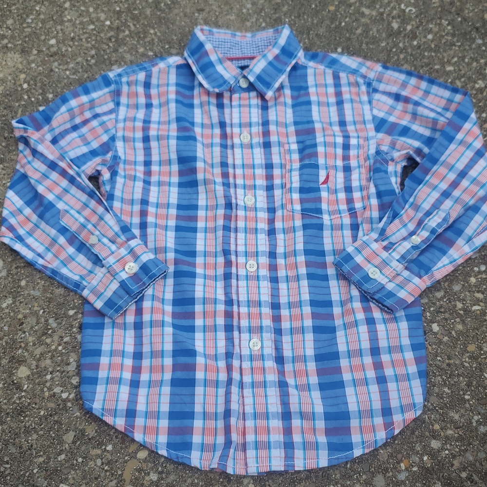 Nautica Blue Red White Plaid Button Front Shirt Spring 5/6 Youth July 4 RWB